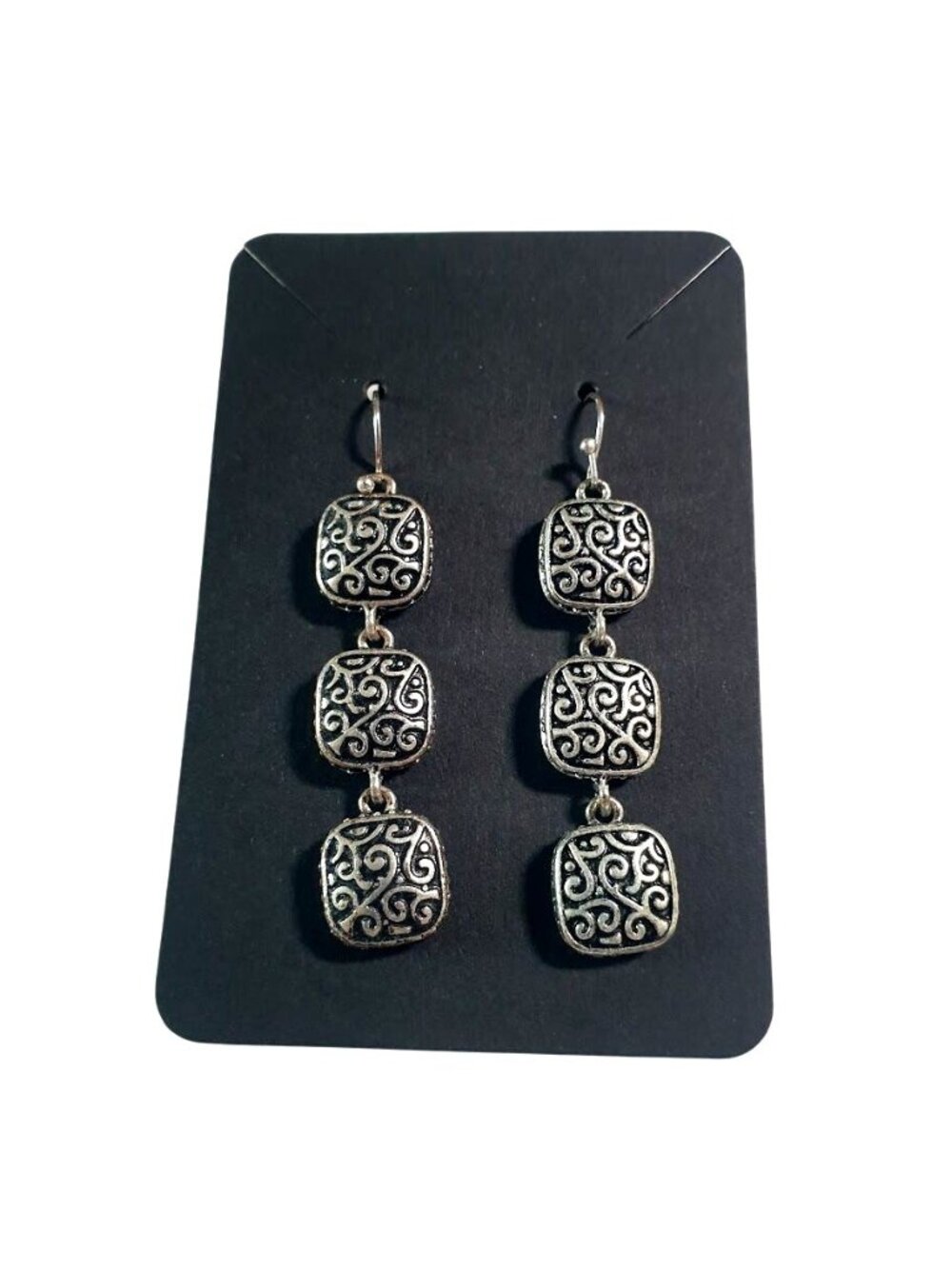 Antique Silver Triple Charm Swirl Pattern Dangling Earrings Hook Decorative Gift